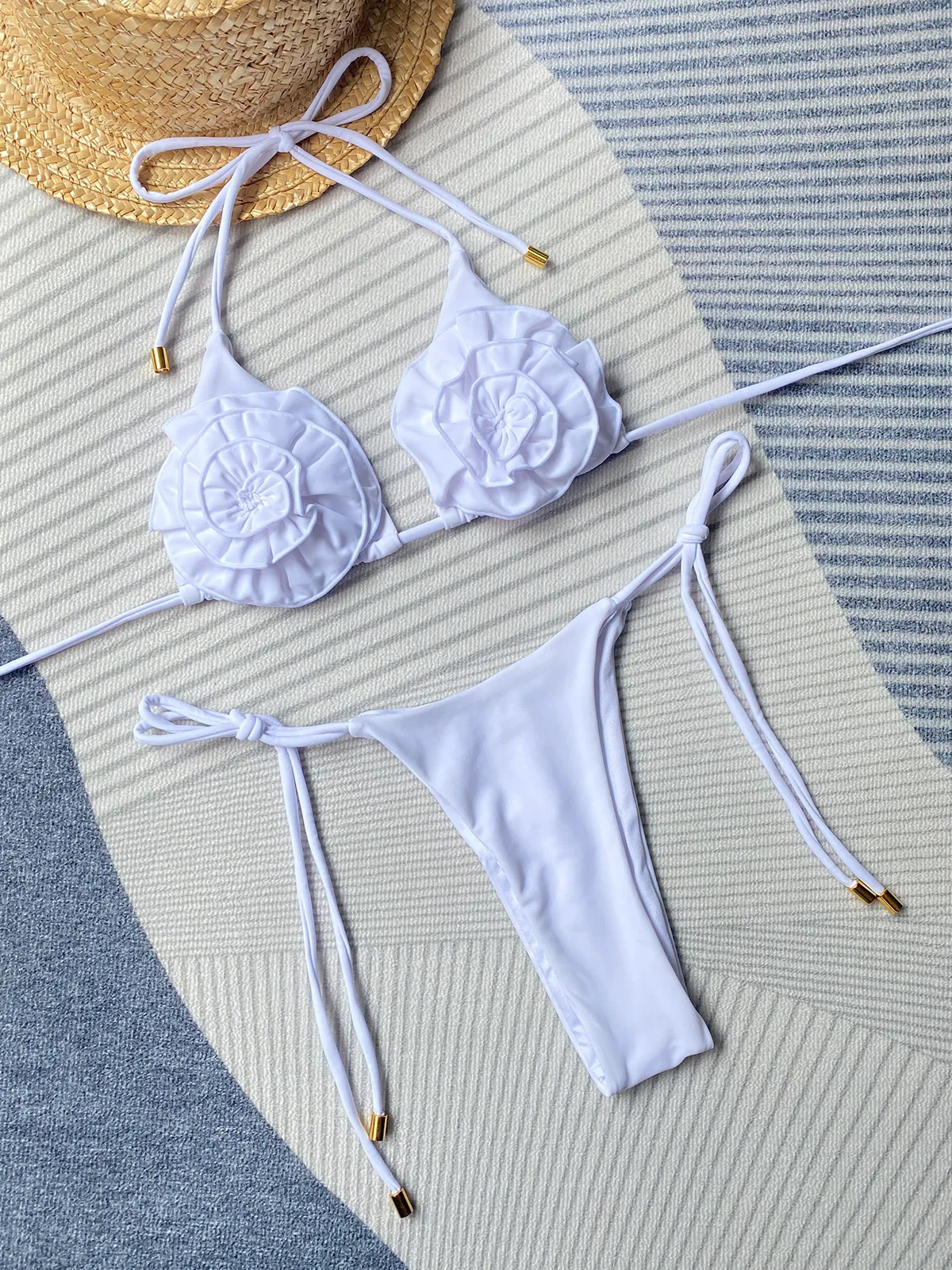 Sexy Halter Flowers Mini Micro Thong Bikini Women Swimwear Female Swimsuit Two-pieces Bikini Set Bather Bathing Suit Swim