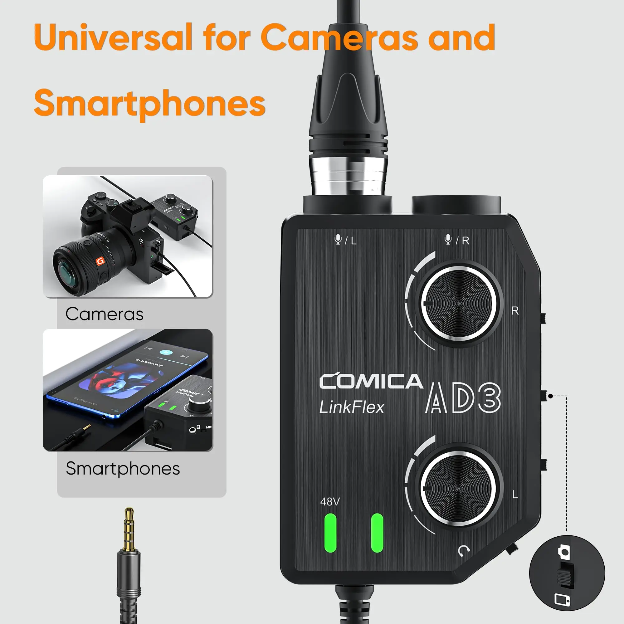 Adaptador de amplificador de microfone Comica LINKFLEX AD3 XLR/3.5mm/6.35mm-3.5mm Adaptador de pré-amplificador de microfone com 2 canais 48V Phantom Power Mixer para IOS Android Smartphones, Filmadoras, Câmeras DSLR