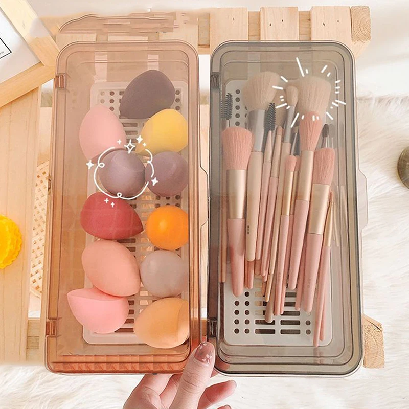 Transparent Makeup Brush Storage Box Dustproof Beauty Egg Lipstick Storage Box With Cover Portable Desktop Storage Bucket