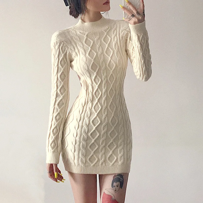 2023Retro Backless Long Sleeved Buttocks Wrapped Dress Long Sweater Women's High Neck Tight Fitting Versatile Sexy Knitted Skirt