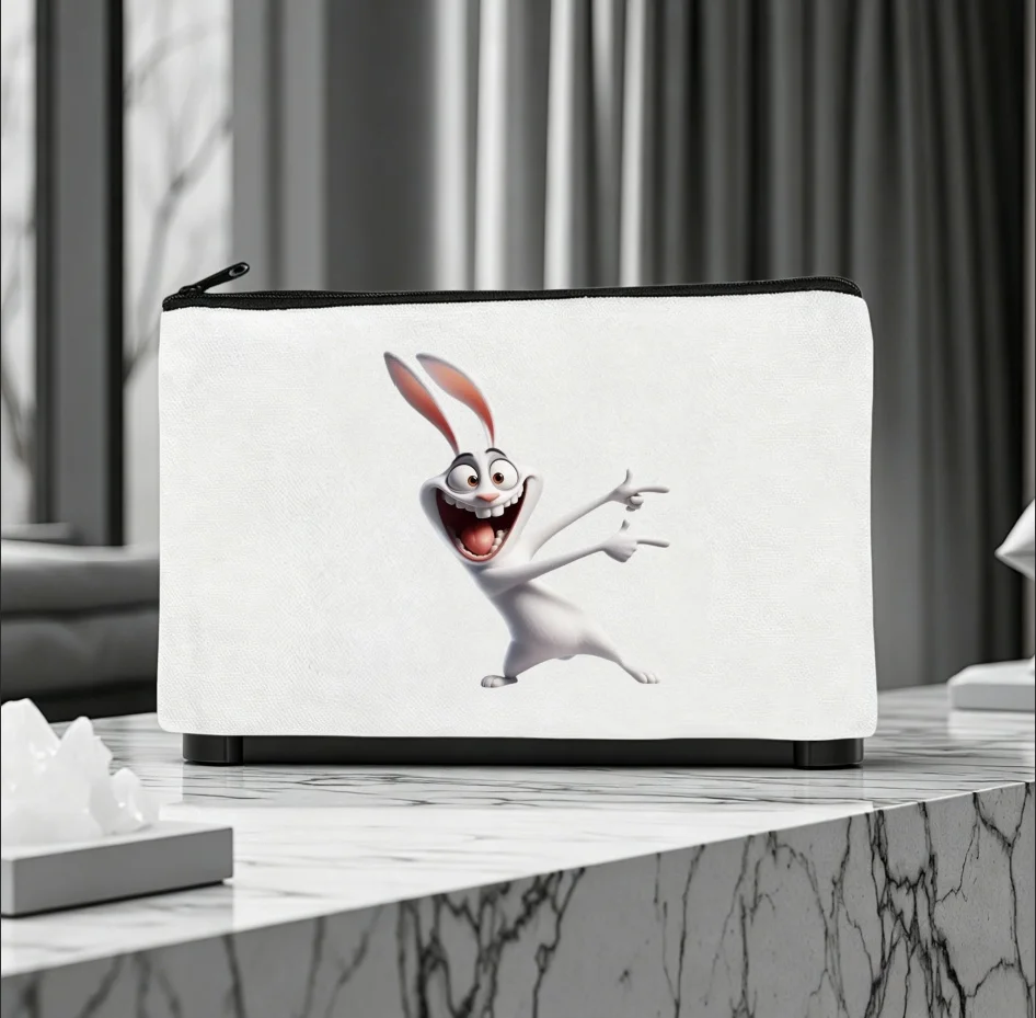 1PC Double Sided Print Funny Cartoon White Rabbit Zipper Canvas Cosmetic Storage Pouch