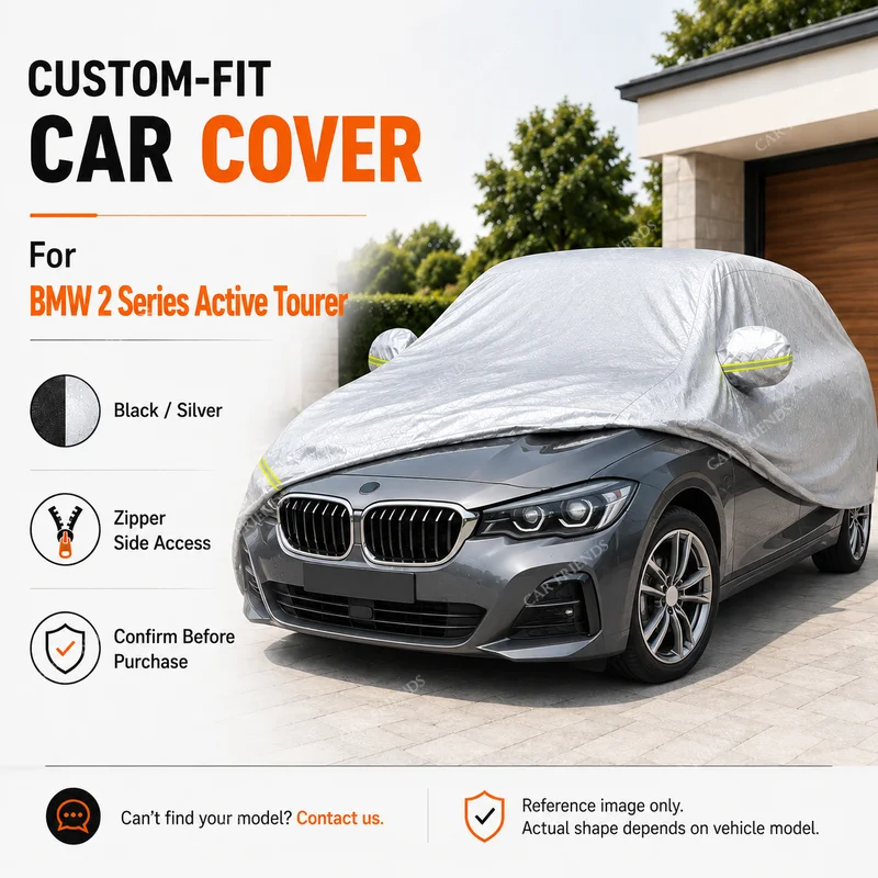 For BMW 2 Series Active Tourer Custom Fit Full Car Cover Silver-Coated Oxford Fabric Side Zipper Access UV Protection