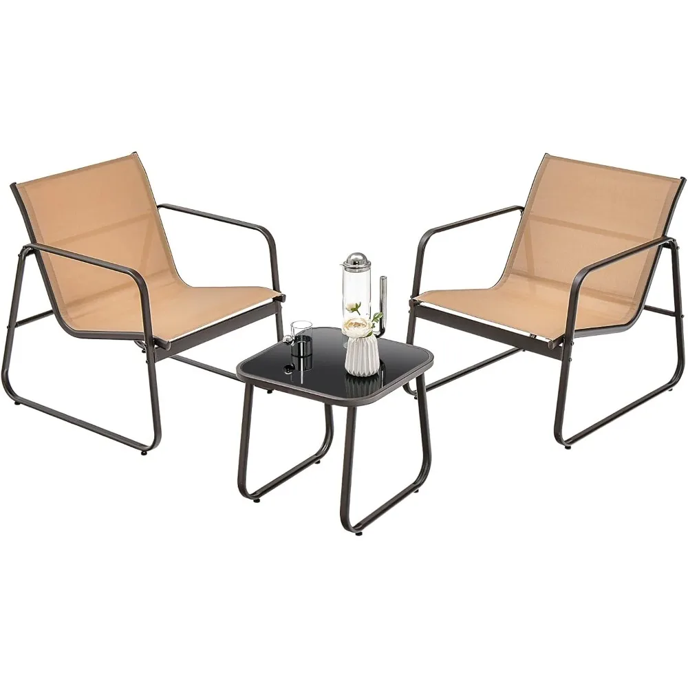 

3 Pieces Patio Conversation Set, Outdoor Metal Chair & Table Set, Breathable Fabric & Tempered Glass Tabletop, Metal Frame Furn