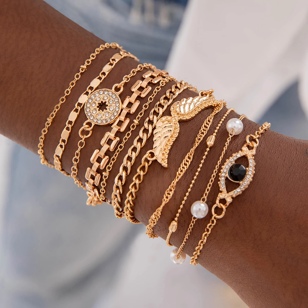 Tocona 5pcs/set Vintage Versatile Blue Rhinestone Bracelets for Women Faswhion Blue Eye Beaded Alloy Bangles Jewelry 25977