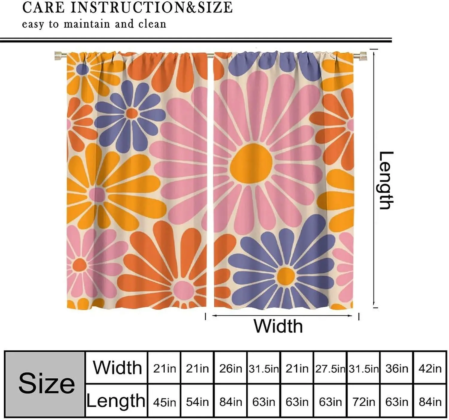 Retro Color Block Daisy Curtain 2 Panels Large Pink Orange Purple Flower Cream Background Master Bedroom Boho Home Decor