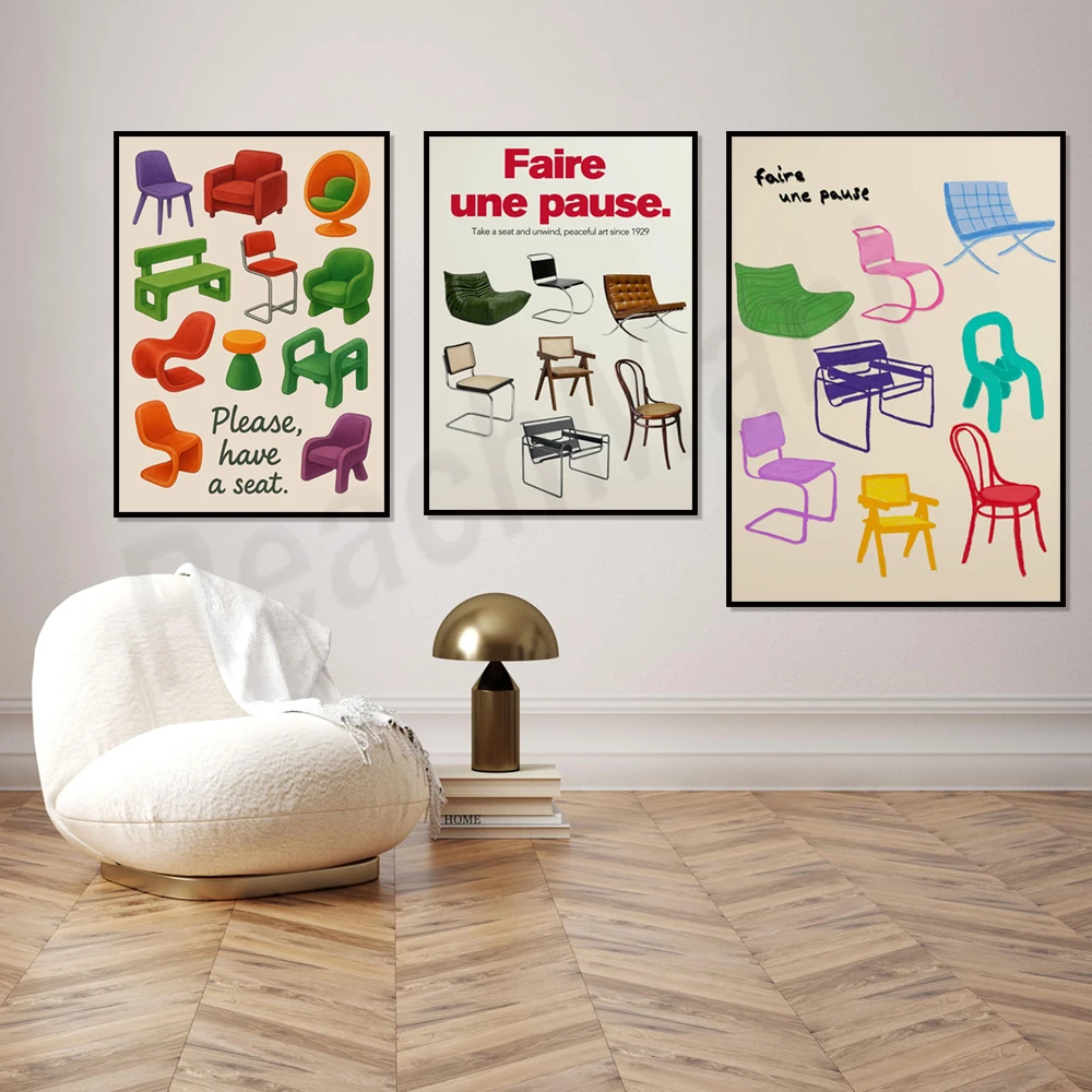 chair print, Faire une Pause Bauhaus poster, colorful chair print, mid-century modern furniture illustration, home decor