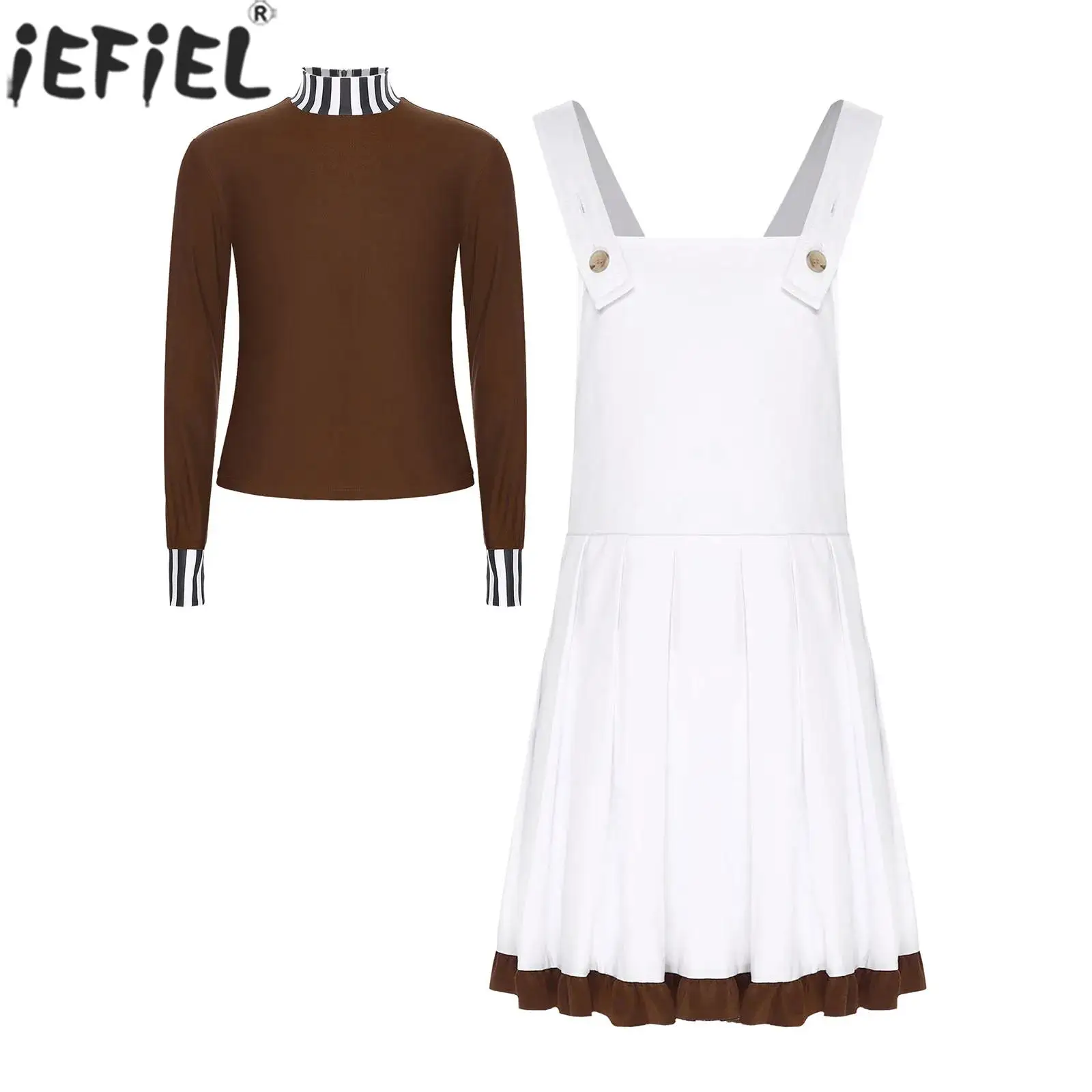 Kids Boys Girls Chocolate Factory Worker Cosplay Costume Long Sleeve Zipper Top with Overalls Or Dress for Halloween Carnival