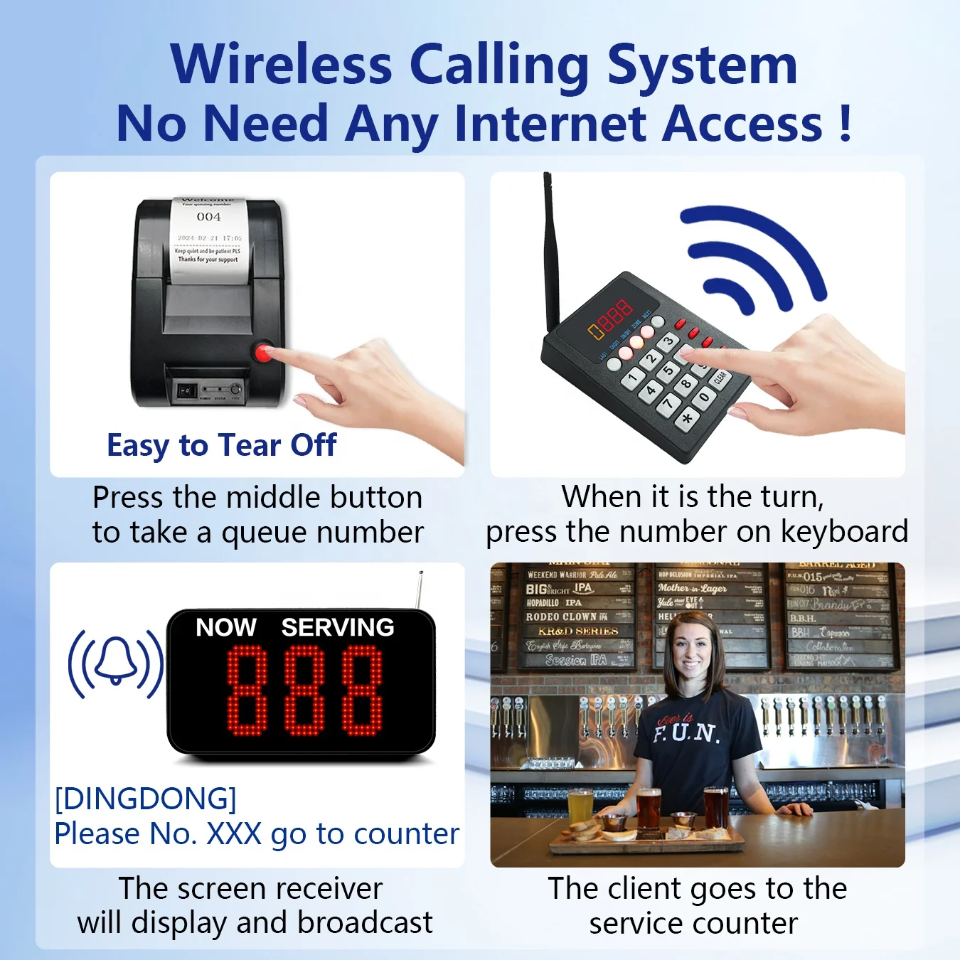 Take a Number Wireless Queue Calling System with 3-Digit LED Display Board Ticket Printer for Restaurant Cafe Clinic Office