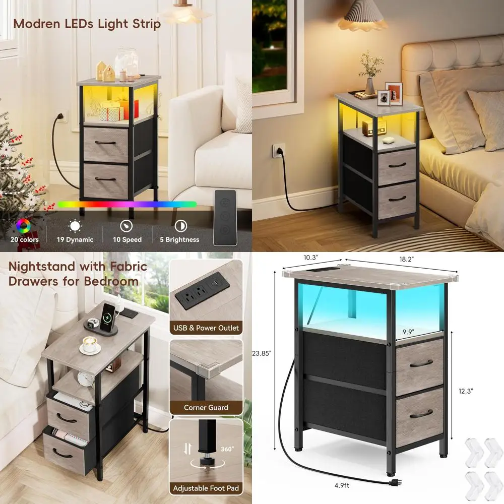 

Прикроватная тумбочка с USB-зарядкой и LED-подсветкой, 2 тканевые ящики, узкий приставной столик, цвет рустик-серый