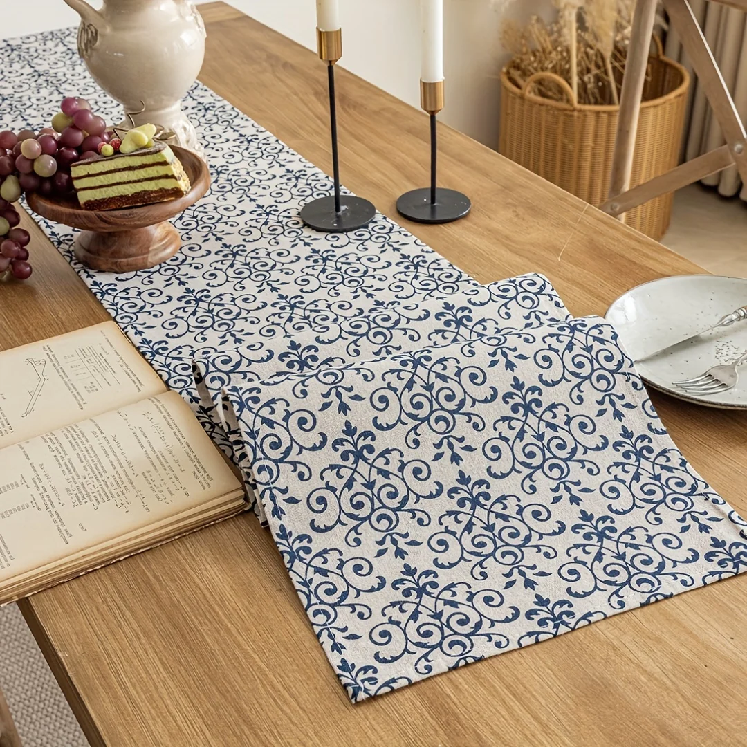 VIKAMA Vintage blauer und weißer Porzellan-Tischläufer für Esszimmer, Couchtisch, Sideboard, Tischdecke, Picknick, Camping, Heimdekoration