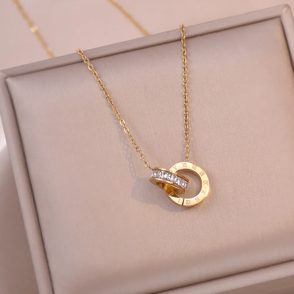 Luxury Elegant Crystal Circle Choker Fashion Roman Digital Stainless Steel Gold Silver Color Pendant Necklaces for Women Jewelry