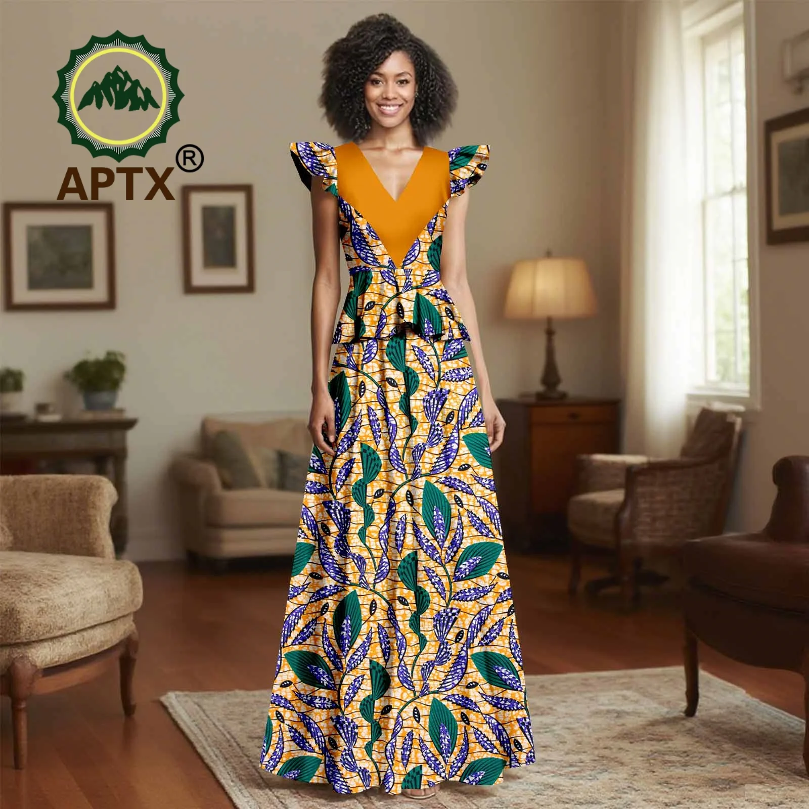 

African Women's Ankara Printed V-Neck Flying sleeve top and Floor-Length Skirt Patchwork Two-piece Suit Dashiki Casual Set
