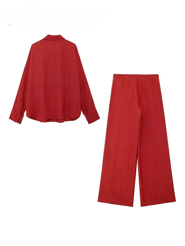 2024 Summer Female Suit Red Long Sleeve Single Breasted Fashion Turn-Down Collar Shirt+Pocket Zipper Wide Leg Pant Mujer