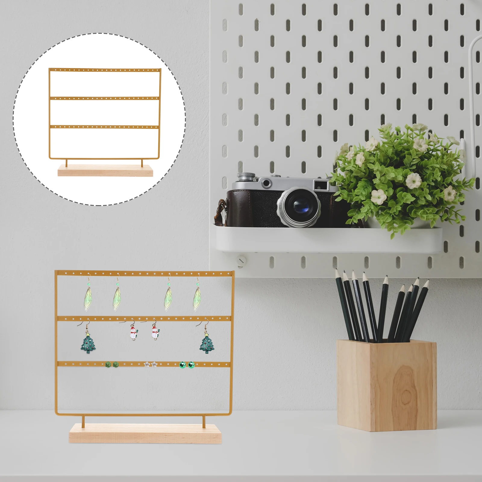 

Earring Display Stand 3 Layers Iron Wood Base Jewelry Storage Rack Organizer Holder for Necklace Bracelet Shop Decor