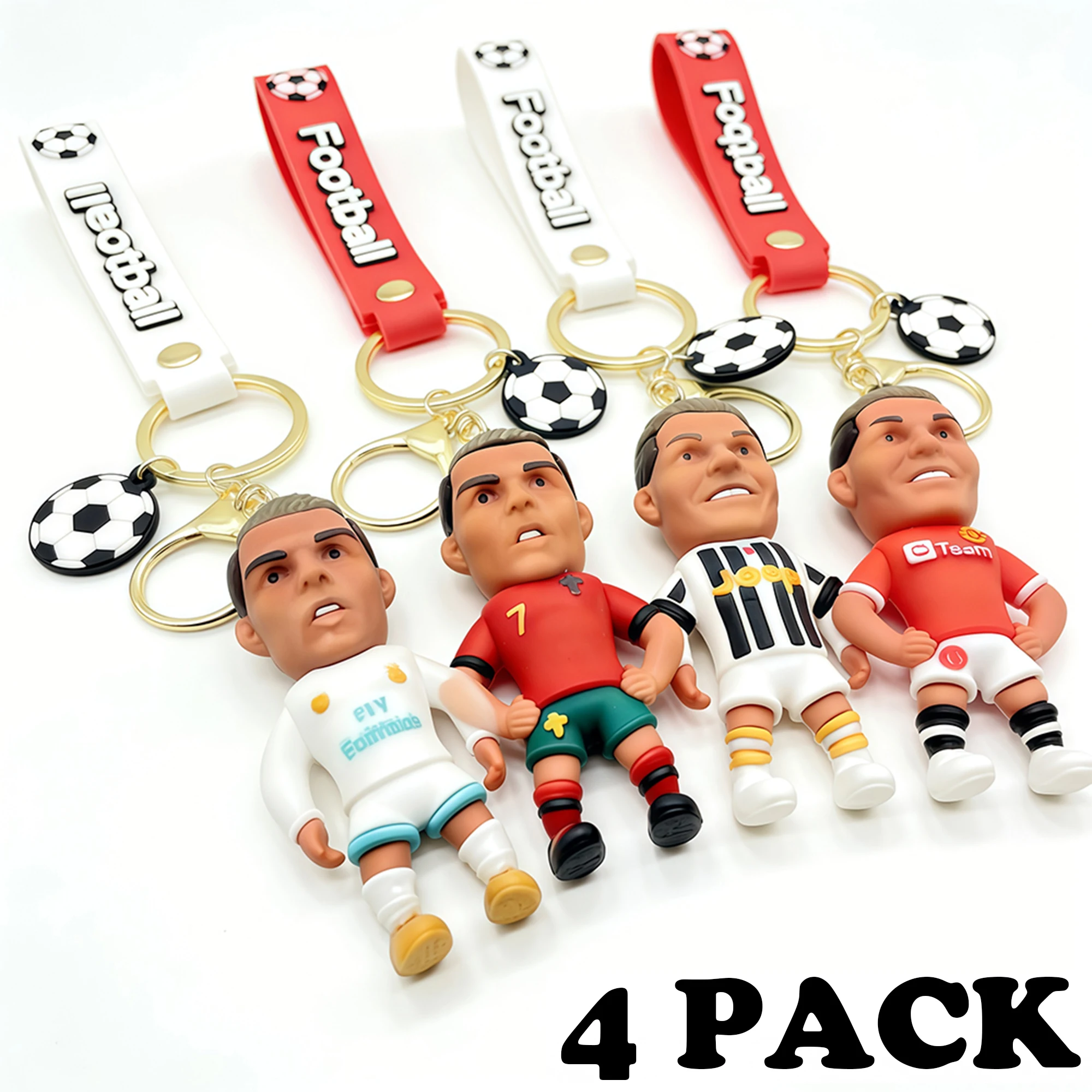 Paquete de 4 Llaveros con Figura del Futbolista Estrella Ronaldo, Joyería, Colgante para Bolsa, Colección de Llaveros, Adornos para Coche, Accesorios para Llaves, Recuerdos
