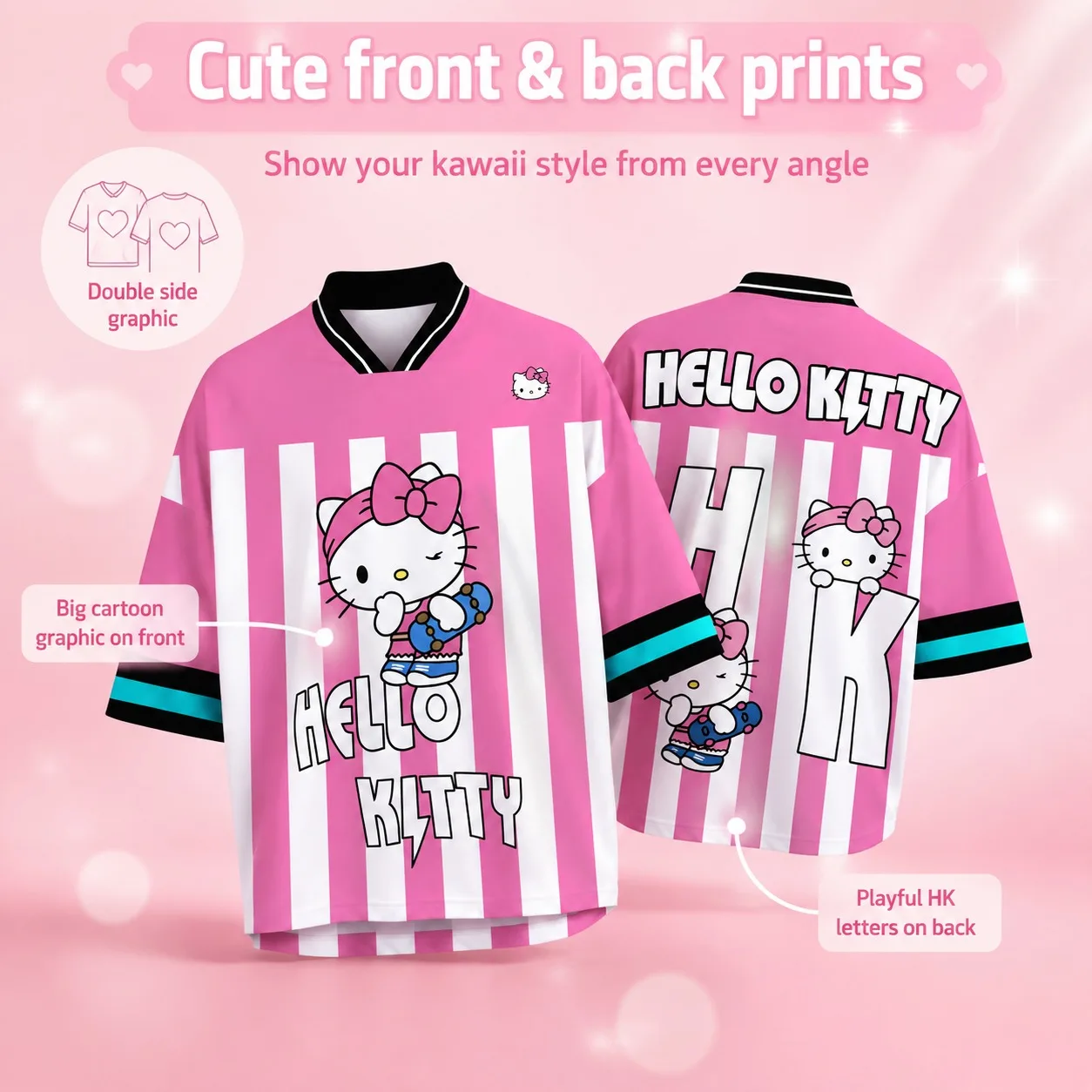 Pink White Striped Hello Kitty V-Neck Oversized Jersey Cute Skate Cartoon Front Back Print Kawaii Streetwear Casual T-shirt view 2