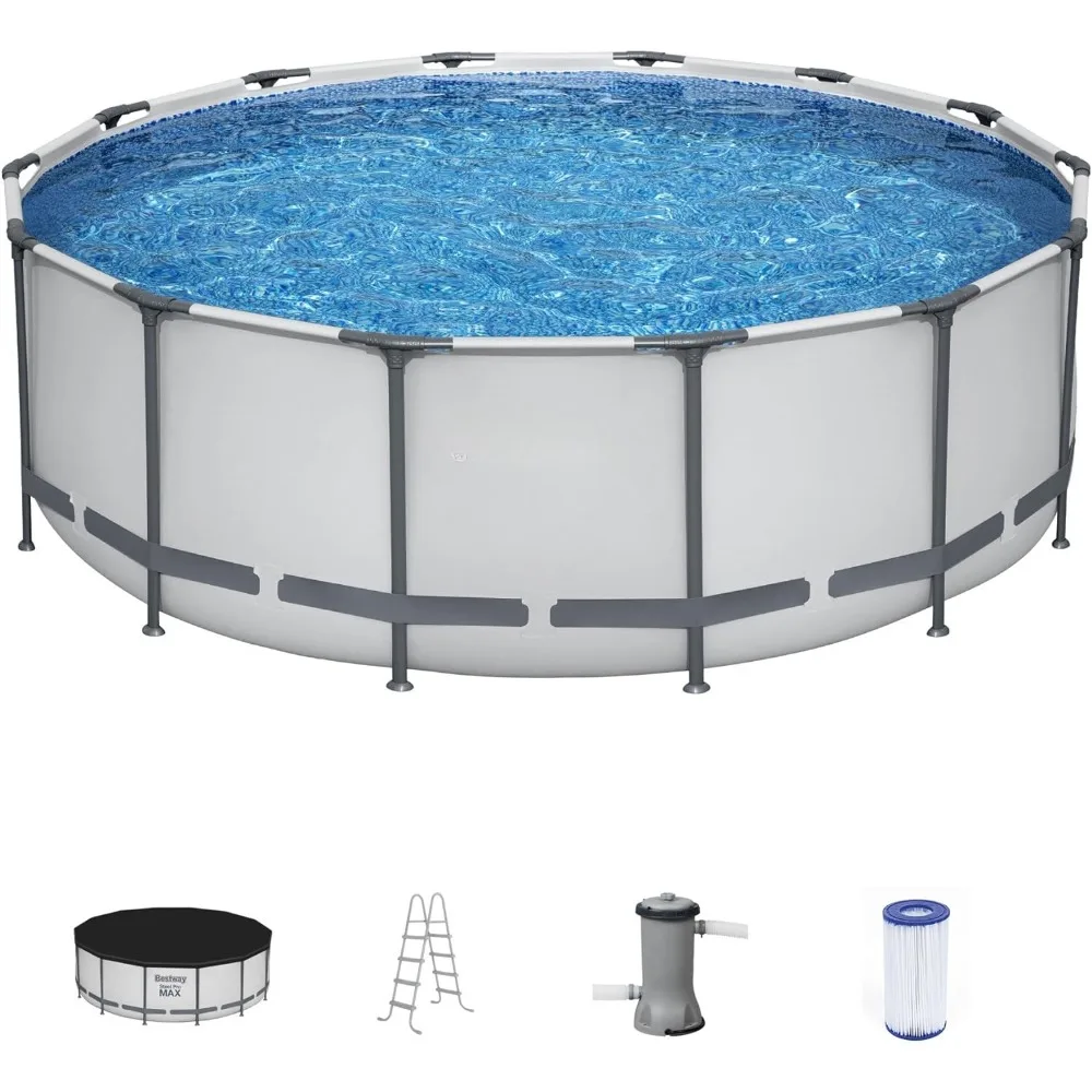 

Swimming Pool, Round Metal Frame Above Ground Outdoor Swimm Pools Set with Filter Pump, Ladder, and Cover, Swimming Pool