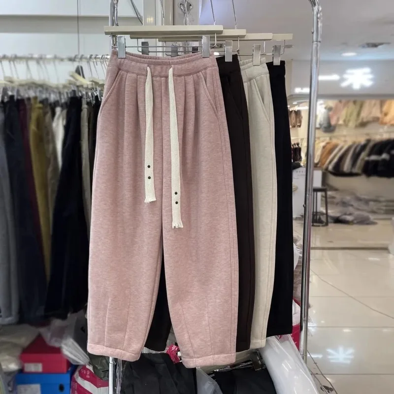 Pantalones holgados de cintura alta para mujer, ropa de oficina de Color sólido, harén, pantalones casuales que combinan con todo, forro polar cálido, Otoño e Invierno