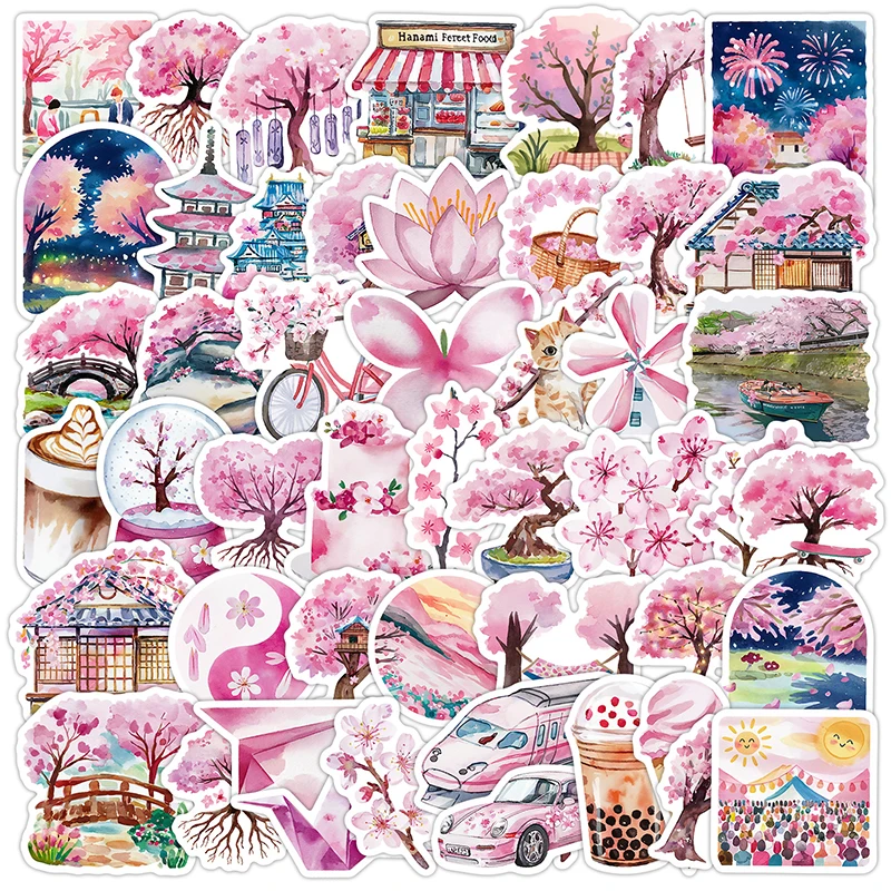 50PCS Pink Cherry Blossom Graffiti Stickers Aesthetic DIY Decoration Notebook Guitar Envelope Helmet Kawaii Decals Kids Toy Gift