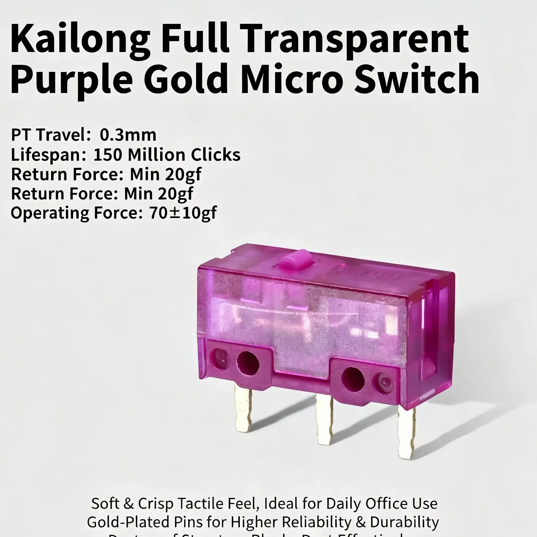 Kailong Mouse Micro Switch Purple Gold Black Transparent, 150 Million Clicks Lifespan, Universal for Logitech Razer Gaming Mouse