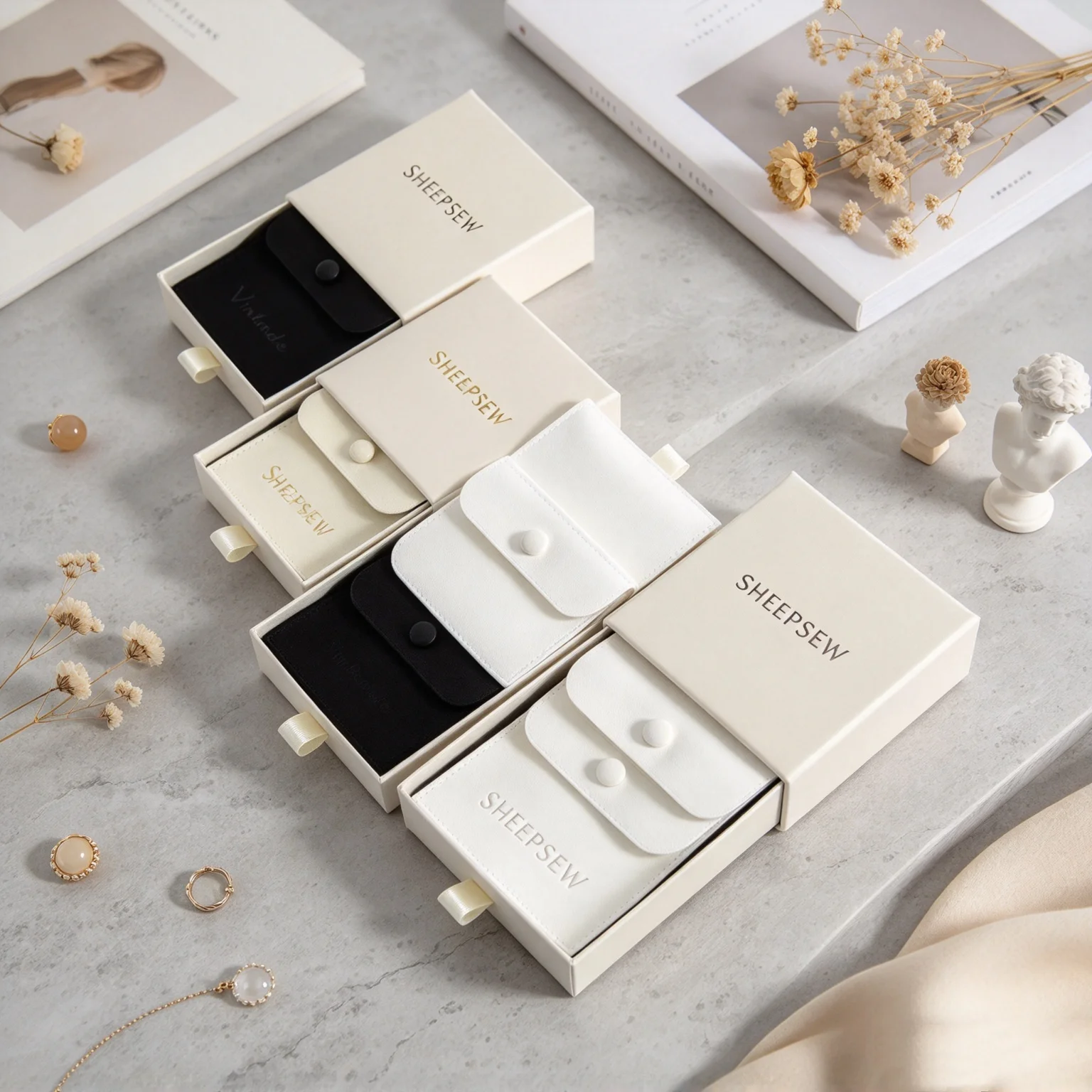 SHEEPSEW Custom Logo 9x9x2.5cm Beige Drawer Jewelry Box with 8x8cm Microfiber Snap Button Pouch for Ring Earrings Studs