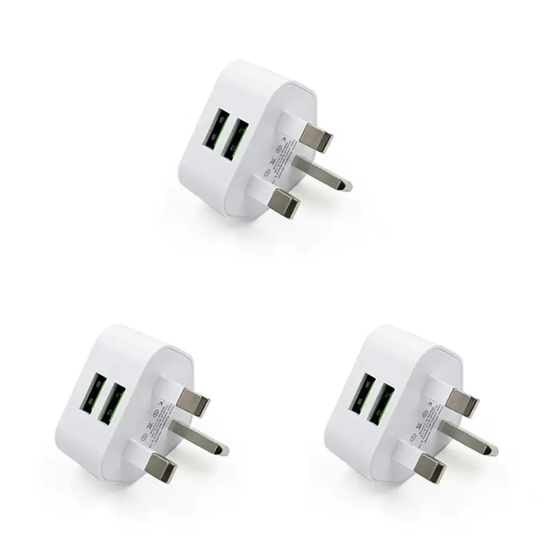 B04B-UK Dual USB Plug Adapter 3PCS 12W 3 Pin Mains Charge Head 5V 2A USB Plugs Adaptor UK Plug