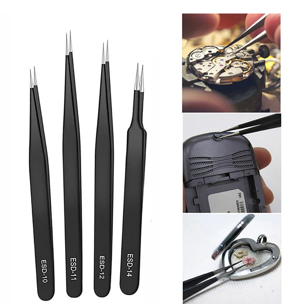 6pcs Precision Tweezers Set ESD Anti-Static Stainless Steel Tweezers Repair Tools for Electronics Repair Soldering Craft Tools