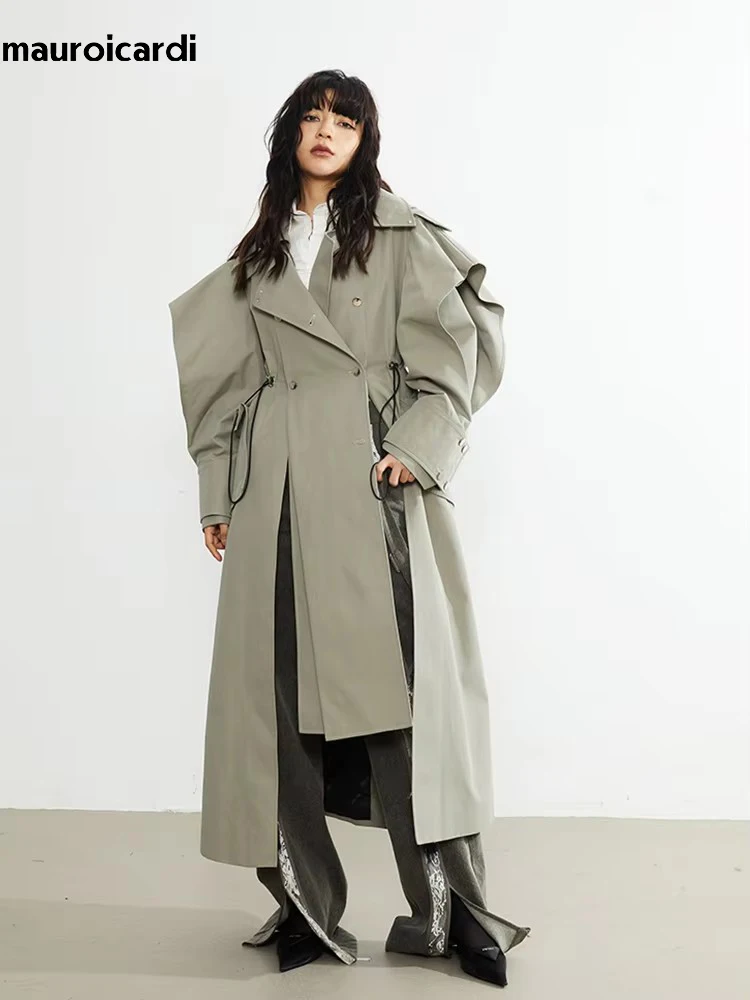 Mauroicardi Spring Long Oversized Elegant Ruffled Trench Coat for Women Double Breasted Luxury Designer Overcoat Runway Fashion