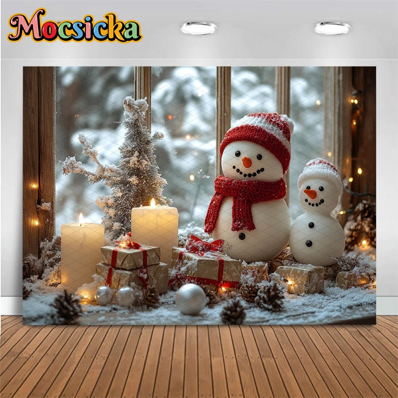 Mocsicka Christmas Background Photography Baby Shooting Props Candle Xmas Tree Gifts Window Snowman Backdrops Decorations Studio