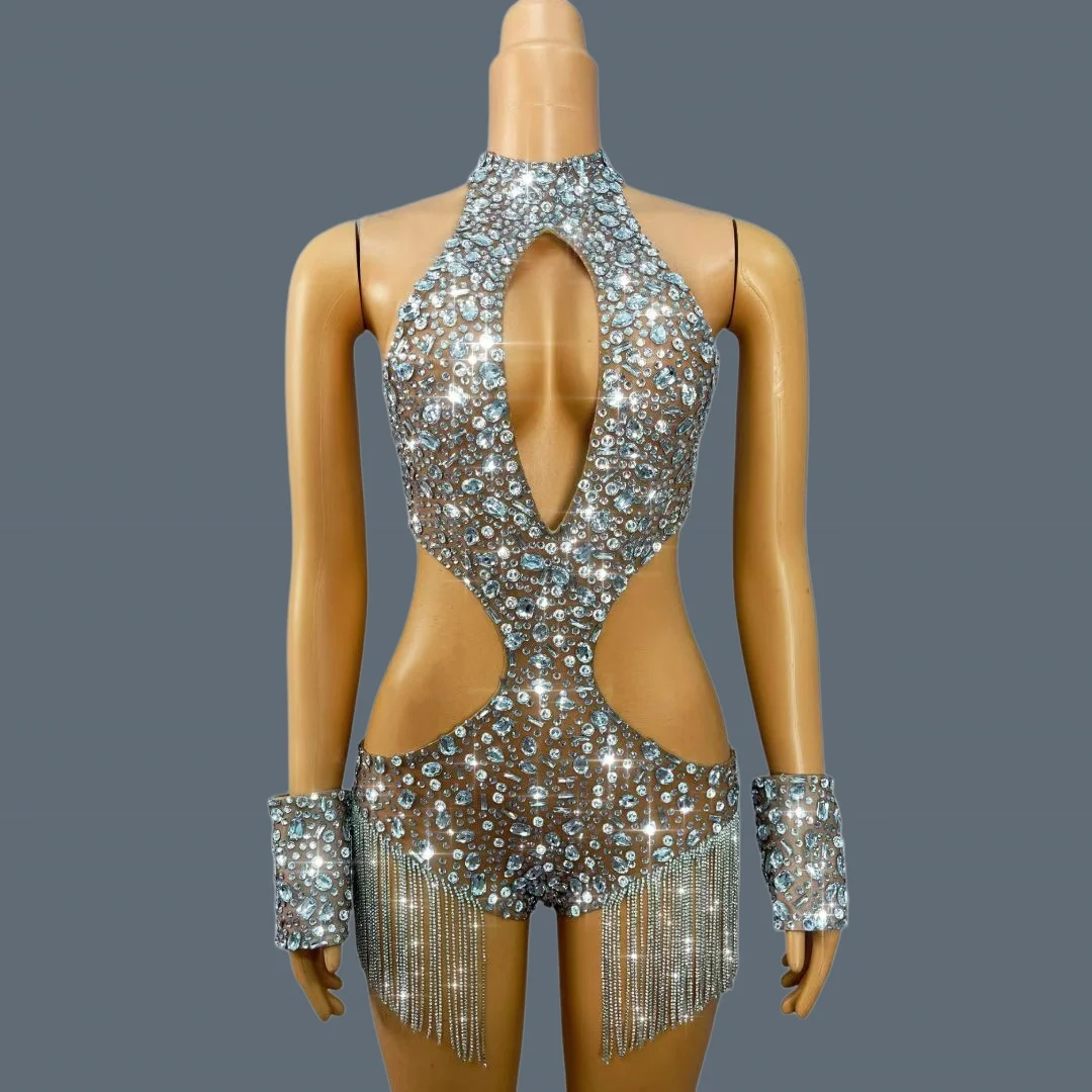 Light Blue Rhinestone Halter Mesh Bodysuit Deep Cutout Side Fringe Shorts Rhinestone Cuffs Stage Performance Outfit Xingluobing