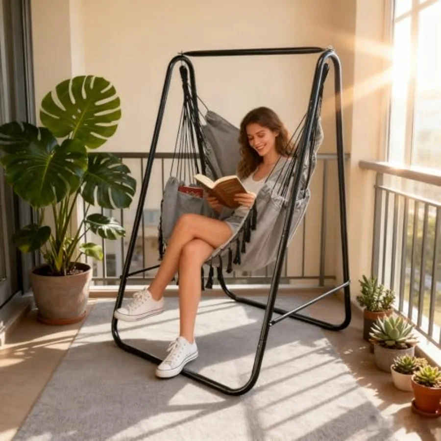Heavy-Duty Hammock Chair with Stand for Indoor Outdoor Use Grey Swing Chair with 2 Cushions Included Max Load 500 LBS Durable S
