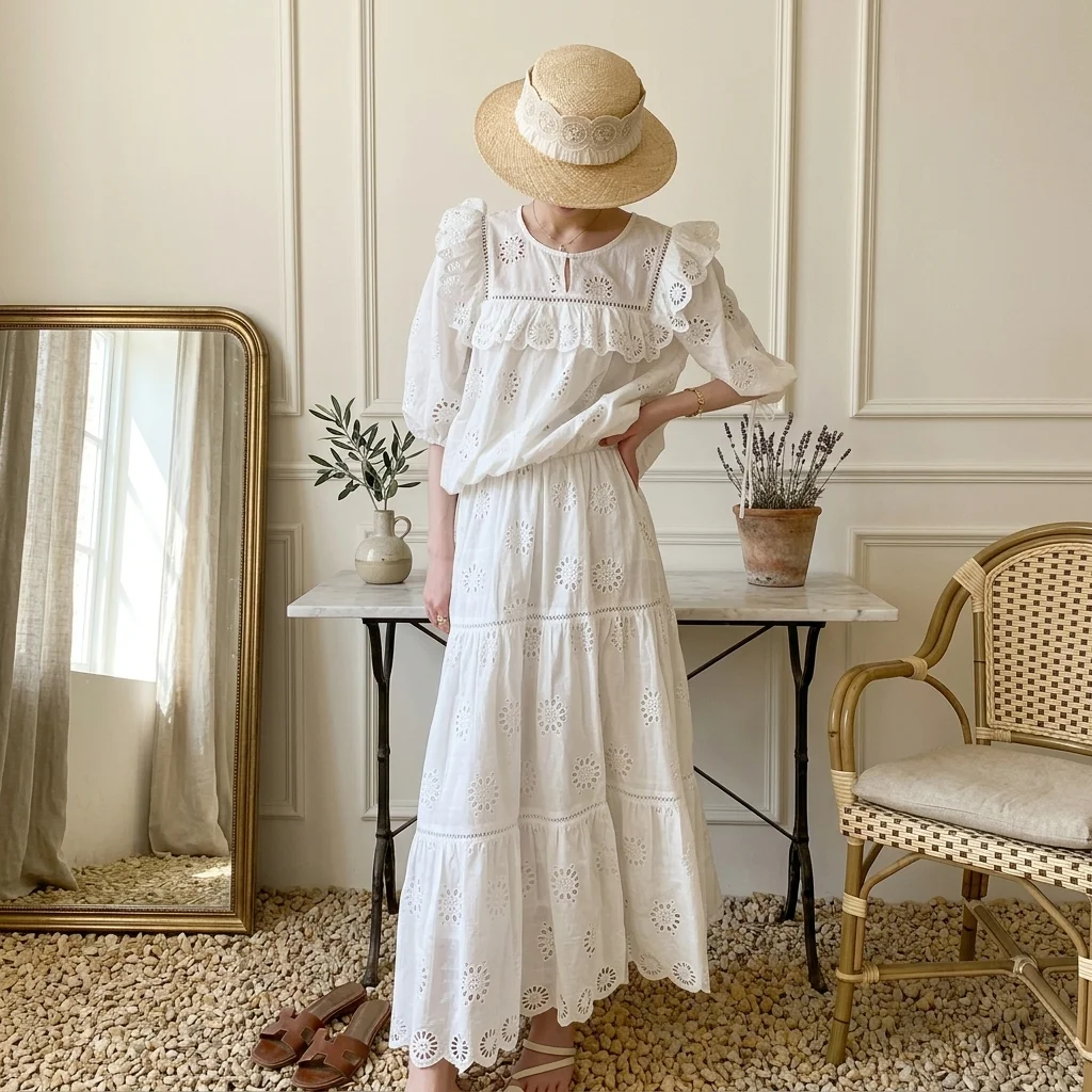 

White Embroidery Cotton 2 Piece Set Women Hollow Out Ruffle Blouse and Maxi Skirt French Romantic Boho Holiday Matching Outfits