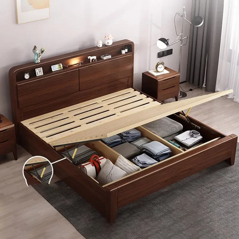 Nordic Queen Double Bed Frame Designer Modern Storage Sleeping Full Size Bed Frame Wood Multifunctional Cama De Casal Furnitures