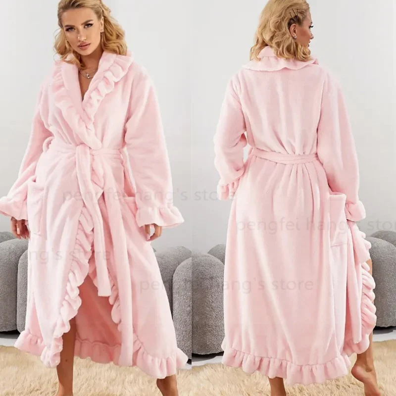 

Фланелевой халат, милый стиль принцессы, женская одежда для сна, сексуальное кимоно с оборками, теплое ночное белье с лацканами, домашняя одежда, домашнее платье, пижама