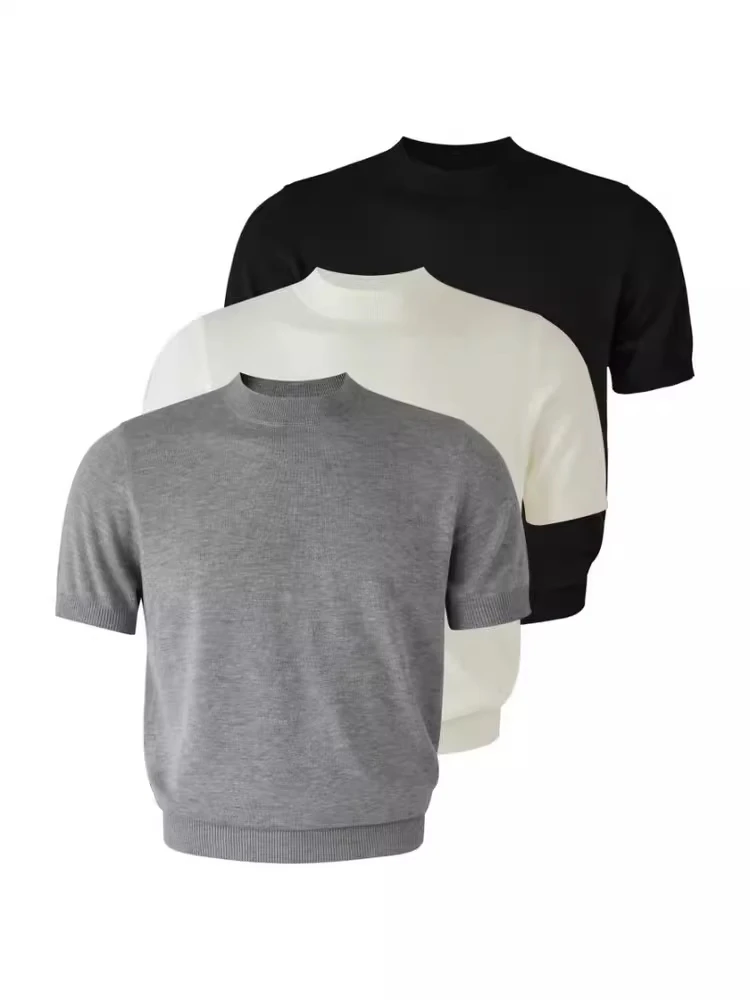 American Retro Knitted Short Sleeve round Neck Slim Fit T-Shirt Muscle Show Casual Short Style Men's Summer Fitness Clothing