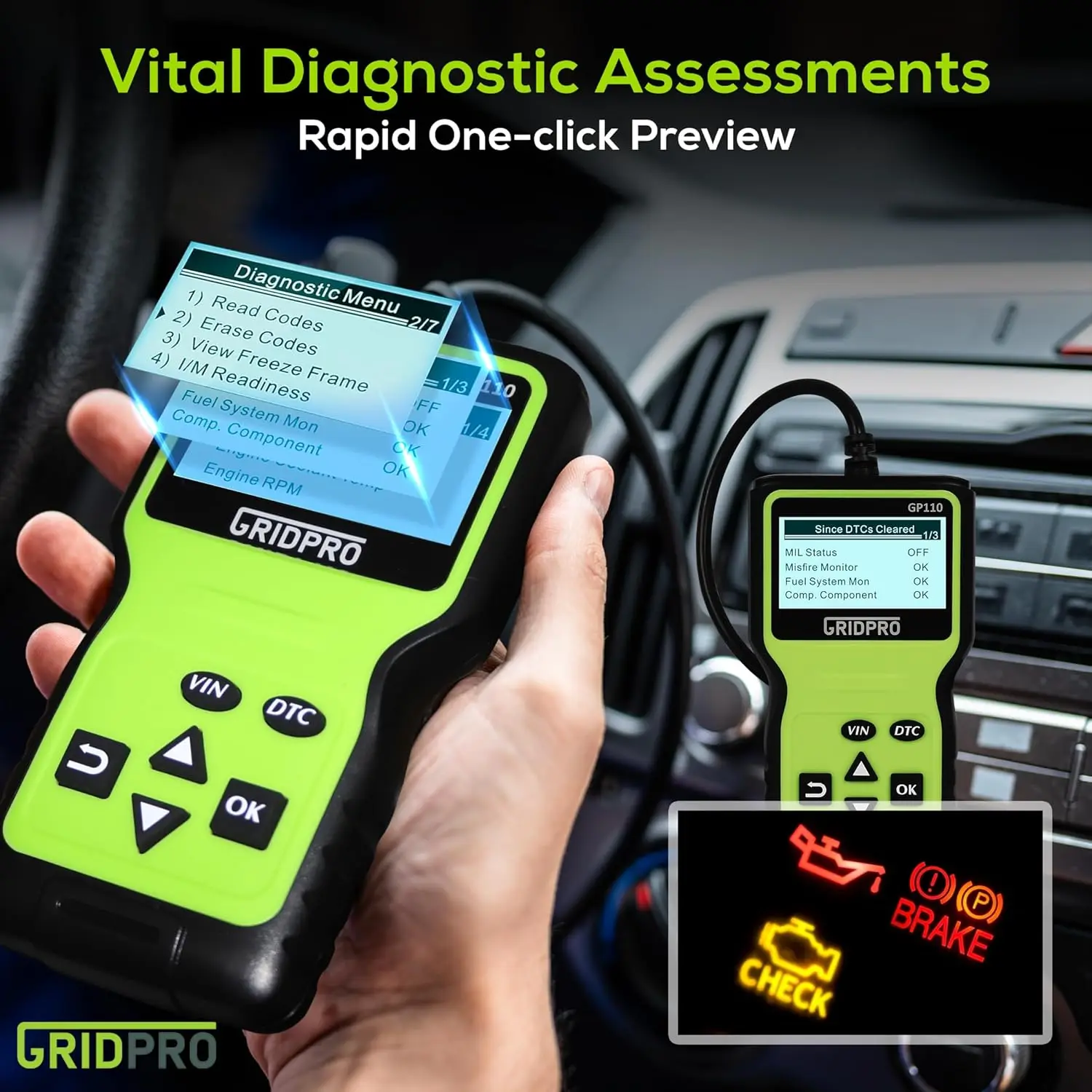GP110 OBD2 Scanner Code Reader for All Cars, Clear Engine Light, CAN Bus Diagnostic Tool with Large Display