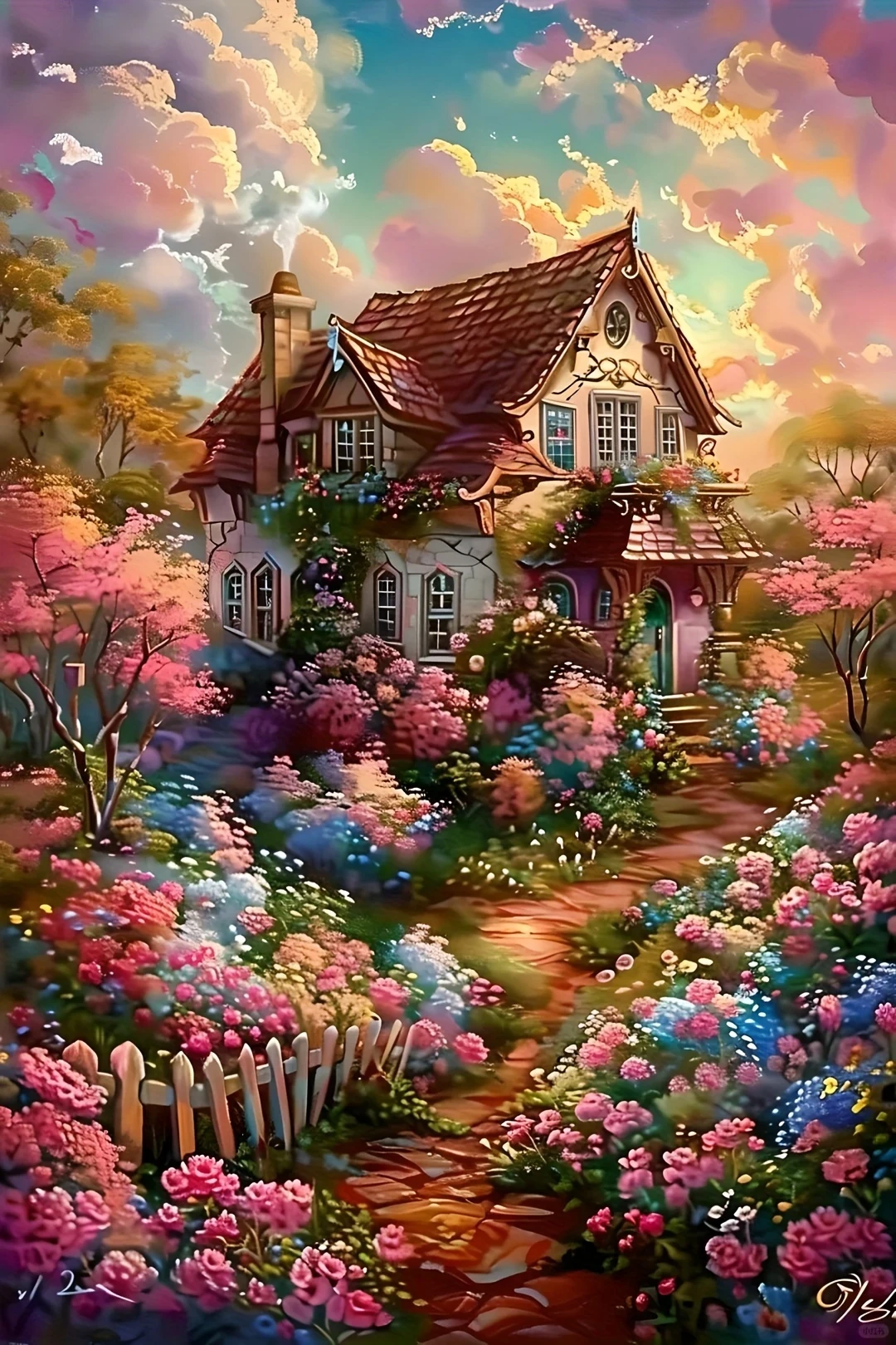 Kit de pintura de diamantes de casa de cuento de hadas encantada, kit completo de pintura de diamantes de casa mágica en un jardín en floración para principiantes, regalo, decoración del hogar