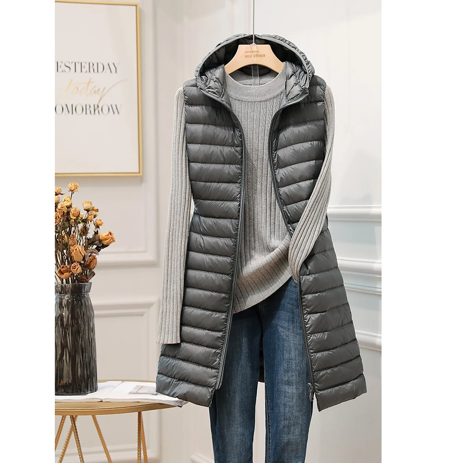 Autunno e inverno slim senza maniche donna parka gilet donna stile medio e lungo colore puro con cappuccio leggero piumino di cotone giacca