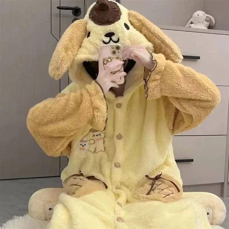 

Anime Sleeping Robe Pants Pompompurin Women 2Pcs Plush Pajamas Suit Sanrio Kawaii Winter Coral Fleece Loungewear Warm Homewear