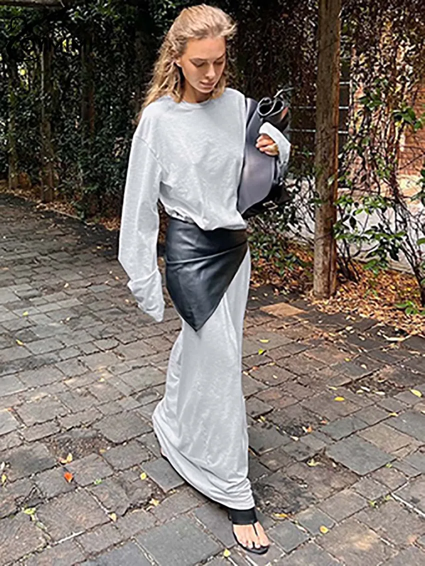 

Oymimi Elegant Grey Patchwork Womens Dresses Fashion O-Neck Long Sleeve Pu Leather Dresses Casual Straight Floor-Length Dress