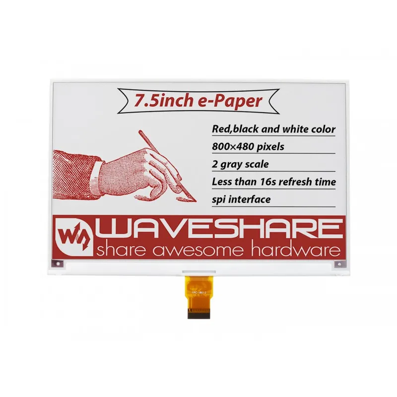 

7.5inch E-Paper E-Ink Display (B) For Raspberry Pi, 800×480 Pixels, Red / Black / White Three-Color, SPI Interface