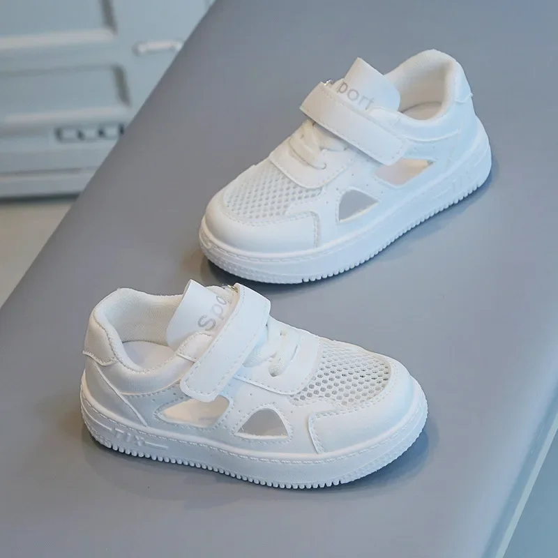 

Children Summer Sneakers Low Top Breathable Mesh Shoes Girls Hollow Velcro White Shoes Boys Solid Color Casual Soft Soled Shoes