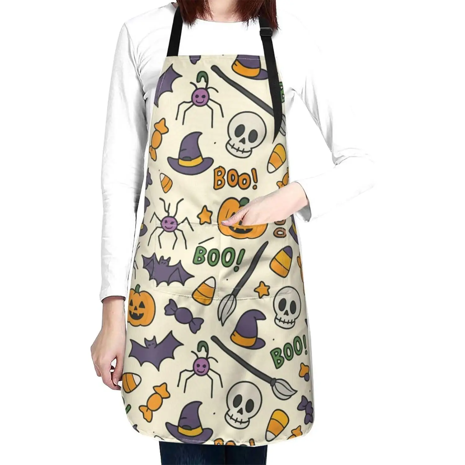 Halloween Apron with 2 Pockets Funny Kitchen Bib, Adjustable 32x28 Inch for Men and Women Holiday Cooking