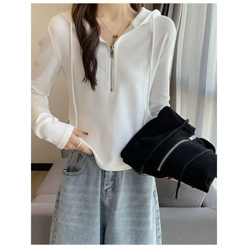 

Spring Kpop Streetwear Zip Up T Shirts Women Vintage Sexy Solid Hooded Cardigan Long Sleeve Cropped Tops Tracksuit Autumn Y2k