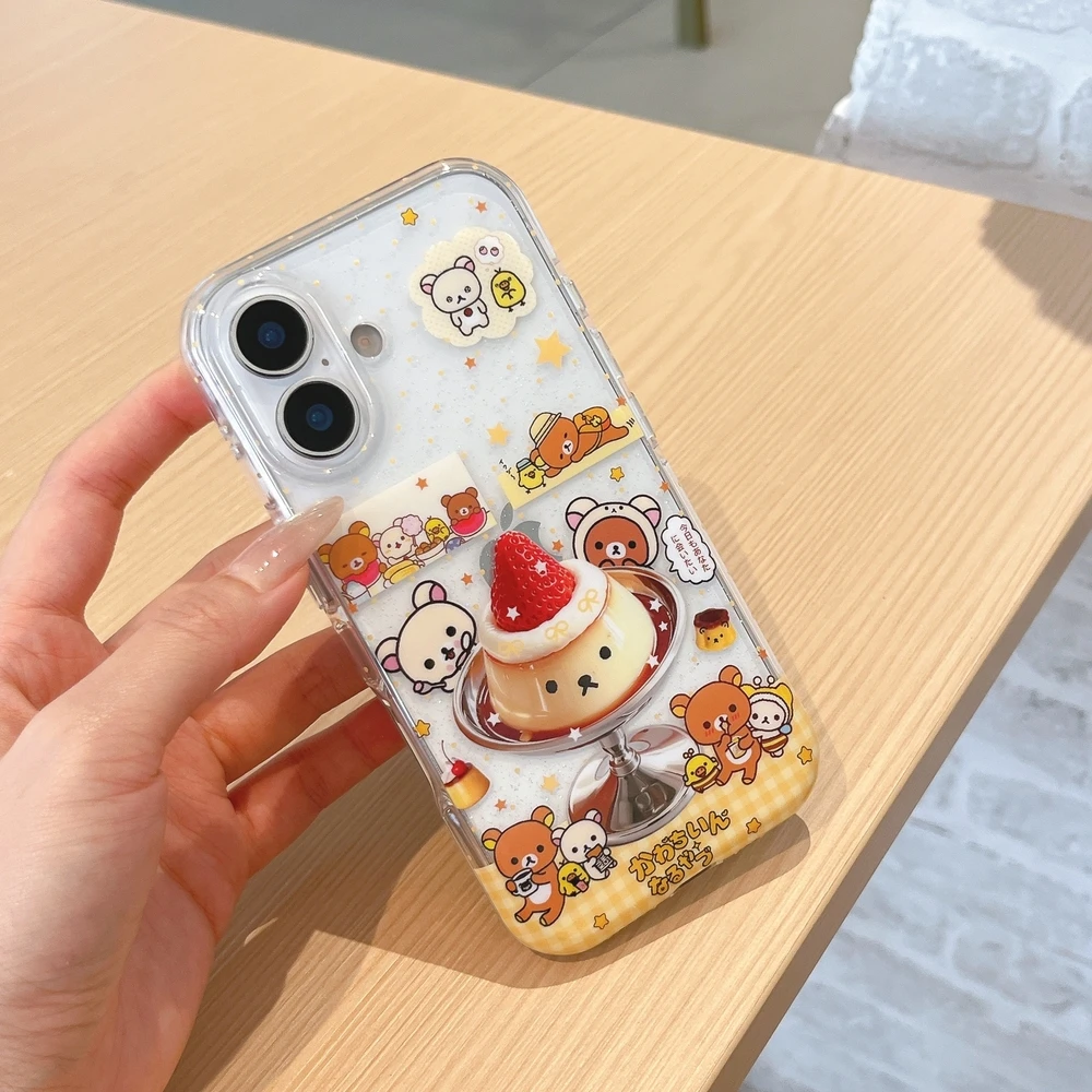 Cute Cartoon Anime Rilakkuma Cake Bear Bling Glitter Phone Case For iPhone 17 Pro 16 15 Pro Max Cases Shockproof Hard Back Cover