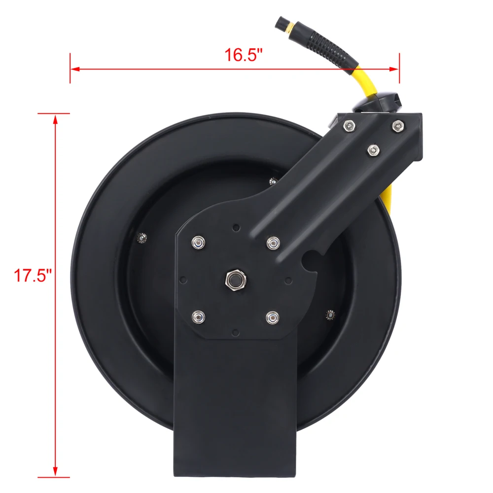Air Hose Reel Retractable 3/8" Inch x 50' Foot SBR Rubber Hose Max 300PSI Heavy Duty Industrial Steel Single Arm Construction