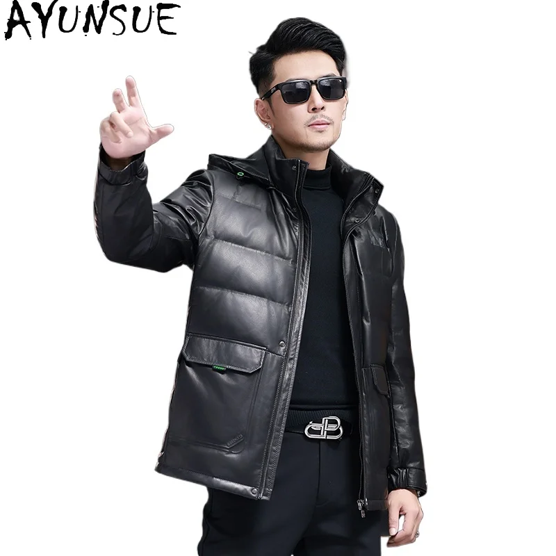 

AYUNSUE Real Cowhide Genuine Leather Jacket Man Winter Mid-length White Duck Down Coat Detachable Hat Loose Puffer Coats Outwear