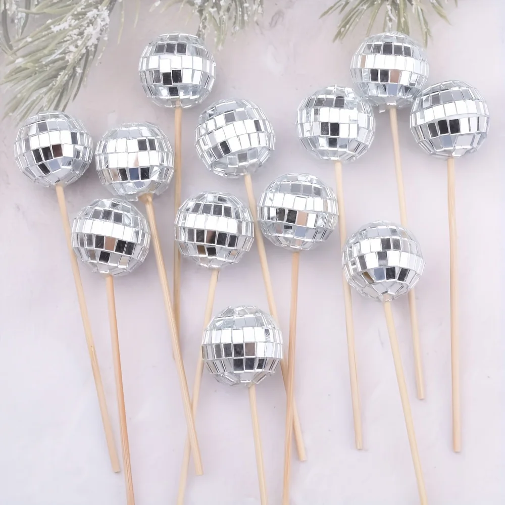 10 Stück 3cm Silber Rosa Discokugel Cupcake-Topper Disco-Thema Kuchendekoration Spiegelkugel mit Holzstab Feiertagsparty-Requisiten – Detail 3