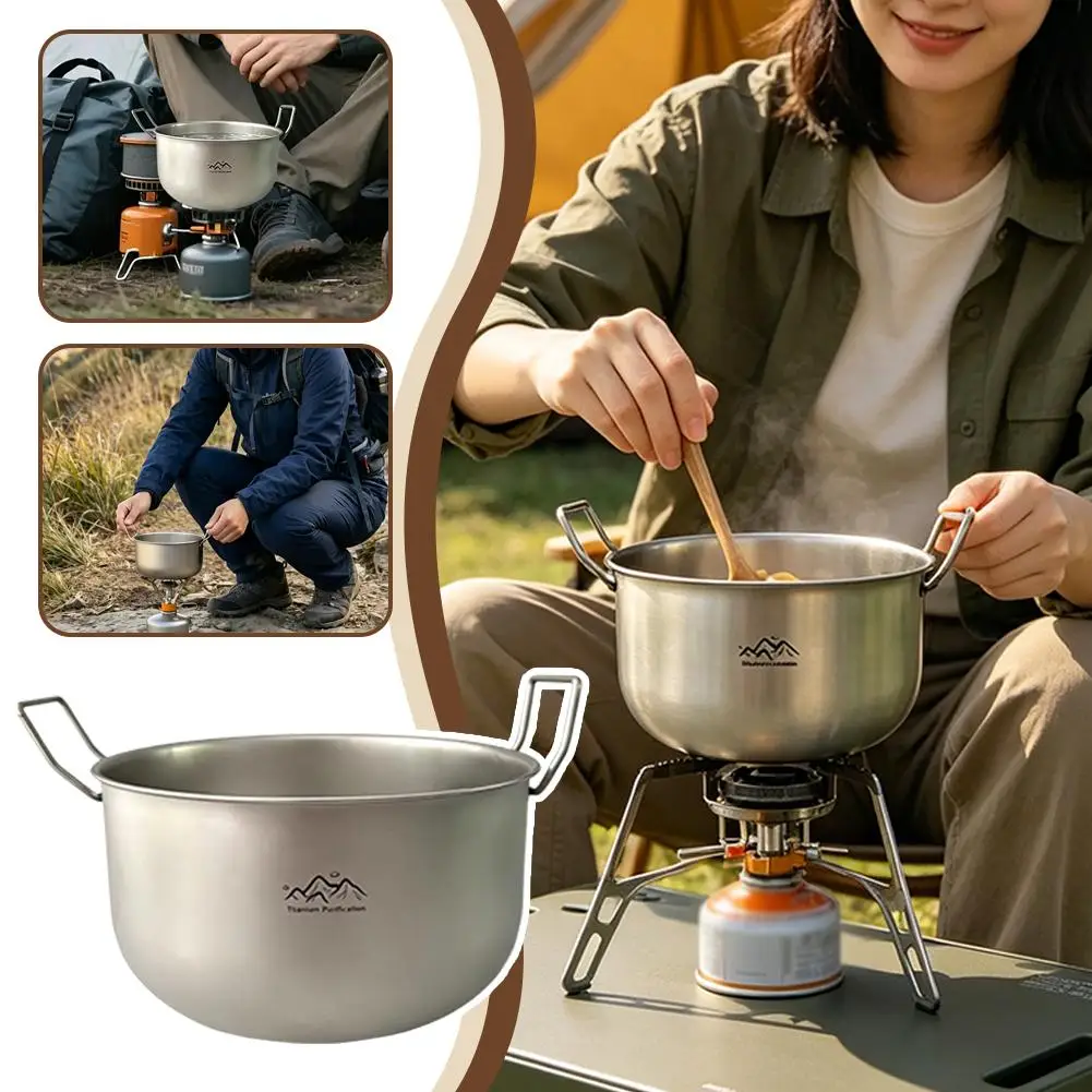 Titanium Purified 304 Stainless Steel Camping Soup Pot Portable Folding Double Handle Anti-Bacterial Cookware for Outdoor Hiking