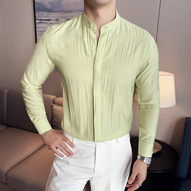 Men Linen Shirt, Chinese Standing Collar, 2024 Summer New Light and Thin Long Sleeved Shirt, Fashionable and Casual Men Clothing